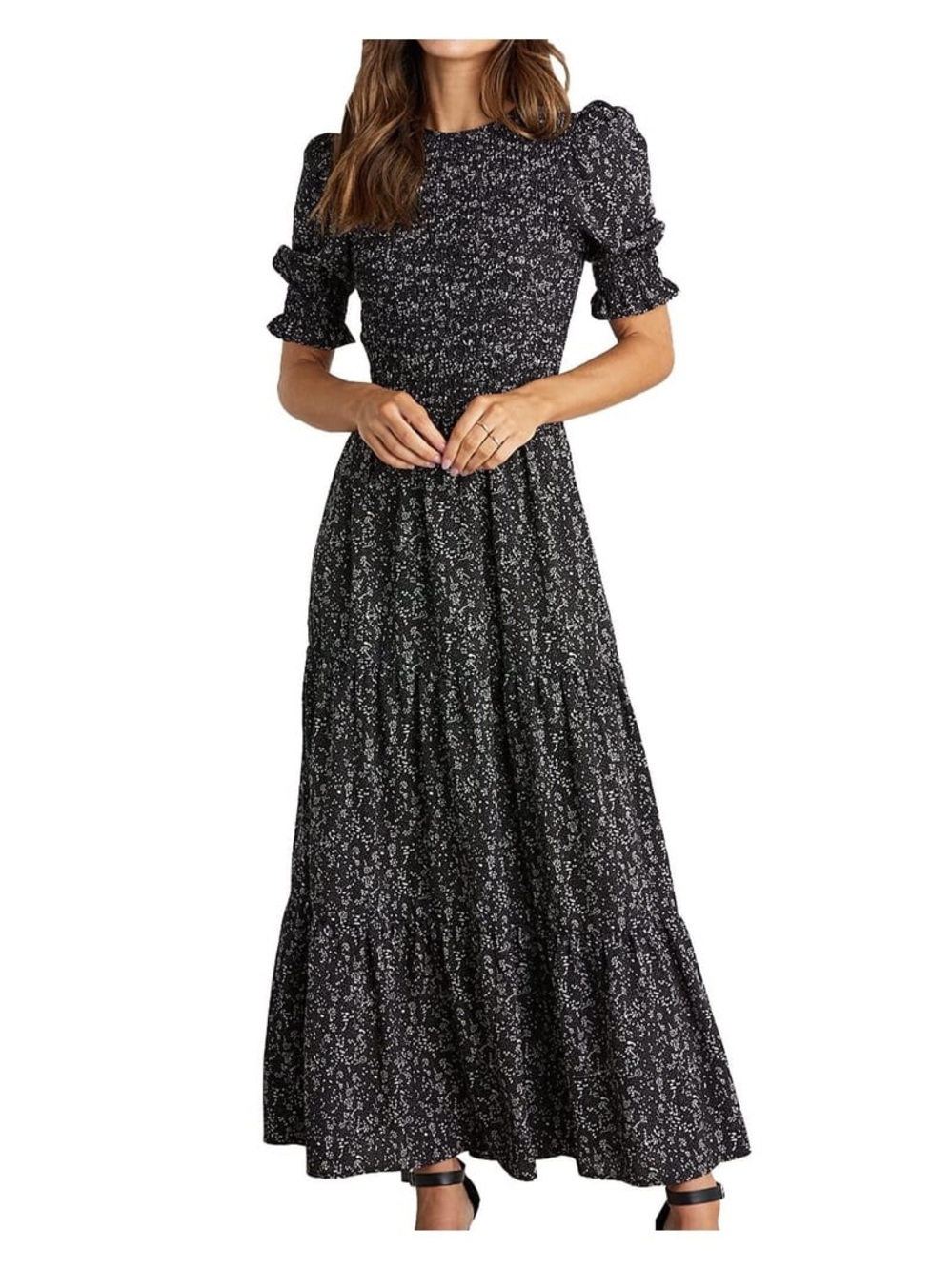 BTFBM Smocked Puff-Sleeve Maxi Dress in Black Floral Size M